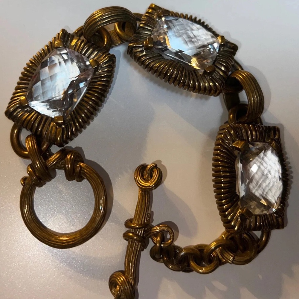 Stephen Dweck  Gold and Silver Women's White Quartz 3 Stones Bracelet Toggle 9”